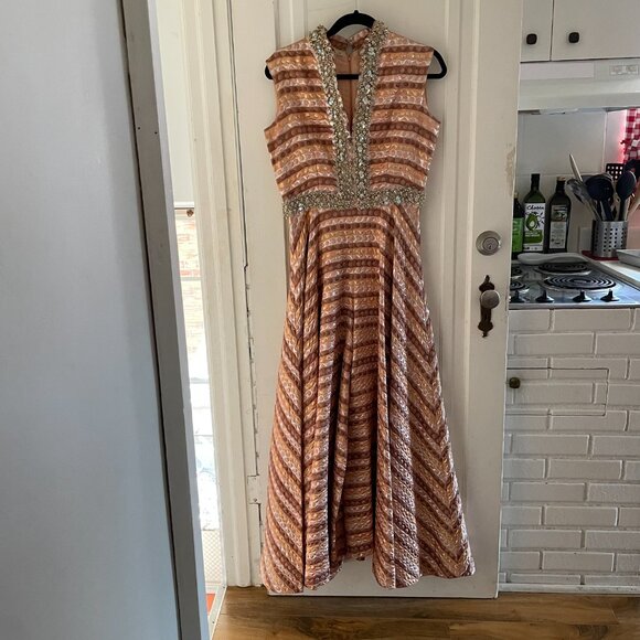 1970s Bonwit Teller Orange and Gold Palazzo Gown - Picture 2 of 5